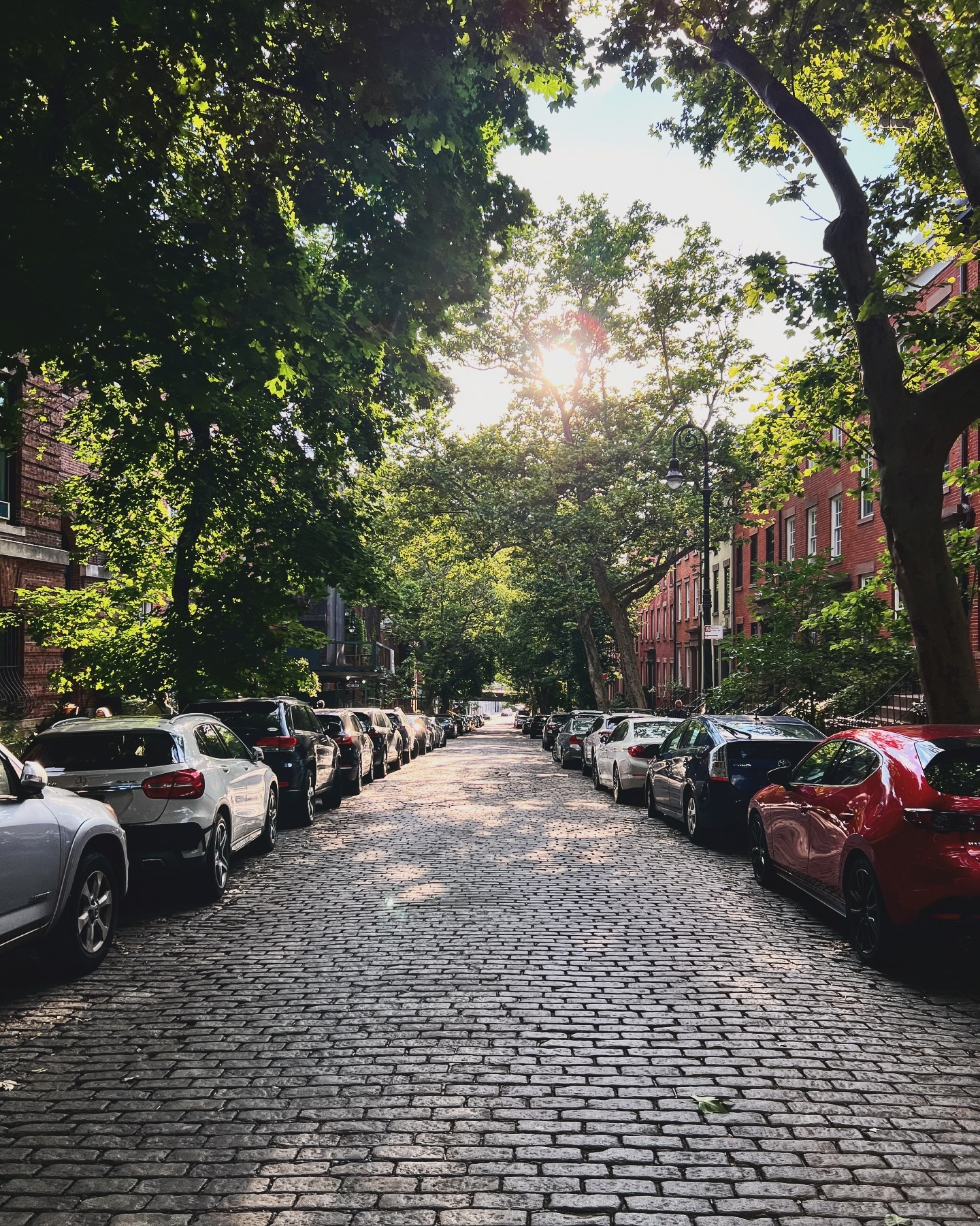A tree-lined cobblestone street in Greenwich Village
